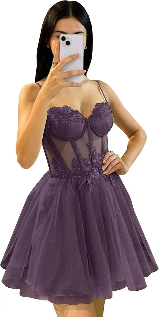 Glitzerndes Tüll-Heimkehrkleid mit 3D-Blumen und Spaghettiträgern, kurze Ballkleider für Teenager, Cocktailkleider, Minikleid 