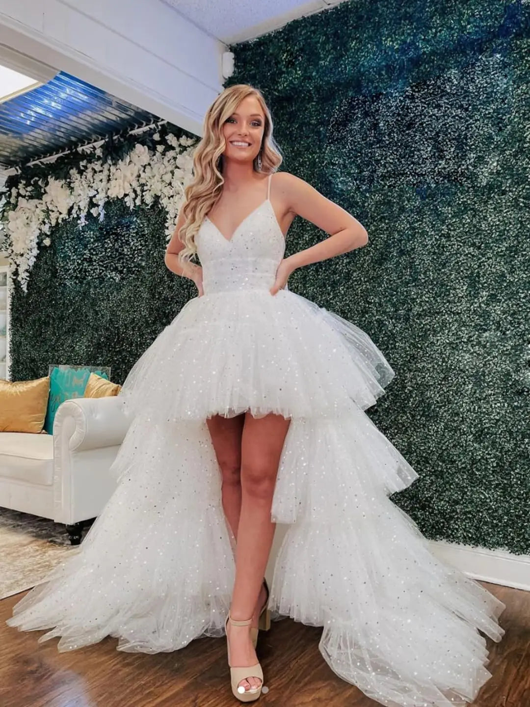 High Low Pailletten Tüll Ballkleider Mehrlagiges Romantisches Ballkleid für Damen Funkelndes Abendkleid Abendkleider 