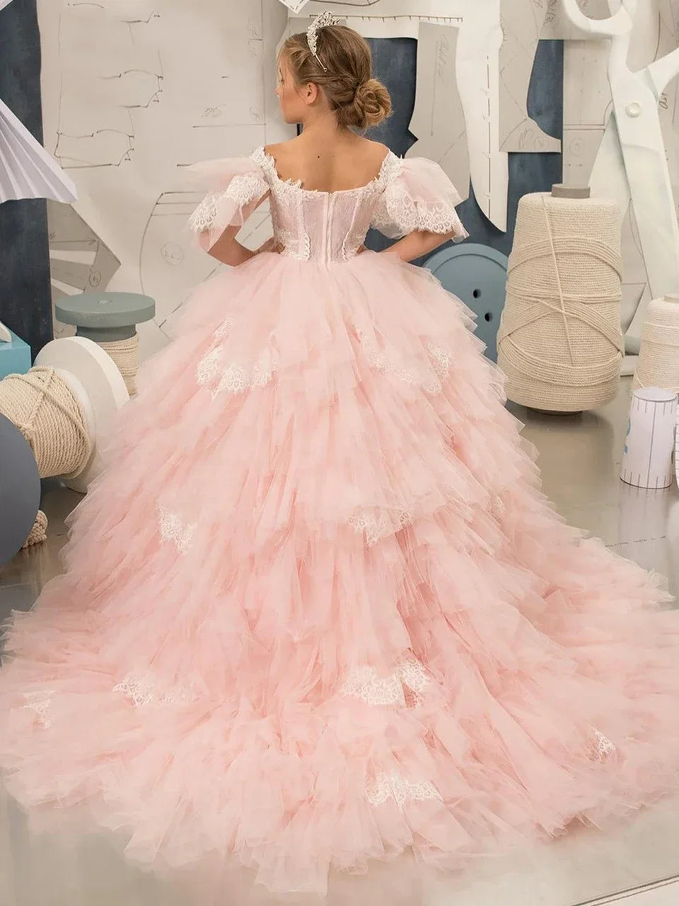 Apliques con volantes y capas de princesa para niña, vestido de fiesta de cumpleaños para niña, vestidos de primera comunión, vestidos de niña de flores rosas para boda 
