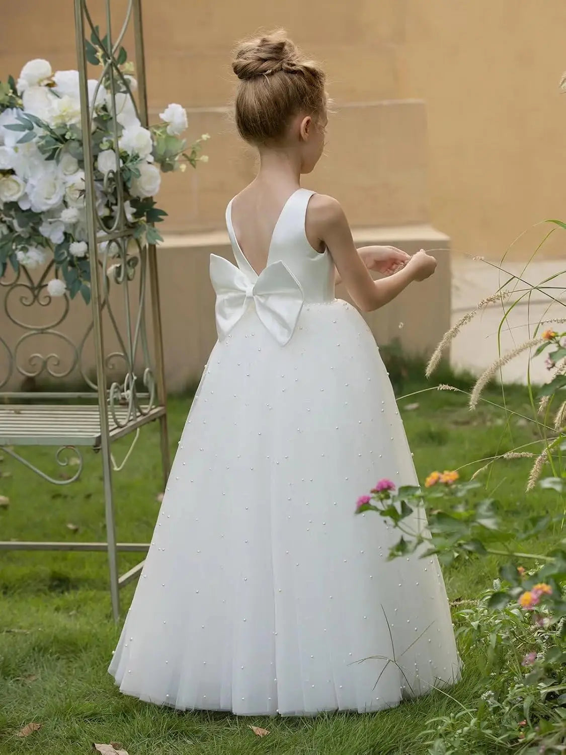 Elegant Flower Girl Dress Satin Tulle Princess Pageant Dresses for Girls Pearl Beads Wedding Maxi Gown girls party dress