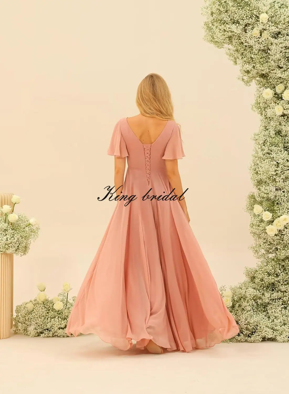 Custom Made Flutter Sleeves Split Bridesmaid Dresses with Slit Long V Neck Empire Waist Formal Evening Dress for Women Wedding