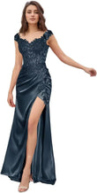 Elegant Satin Prom Dresses for Women Long 2025 3D Flower Lace Applique Off Shoulder Formal Evening Wedding Party Gown with Slit