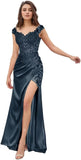 Elegant Satin Prom Dresses for Women Long 2025 3D Flower Lace Applique Off Shoulder Formal Evening Wedding Party Gown with Slit