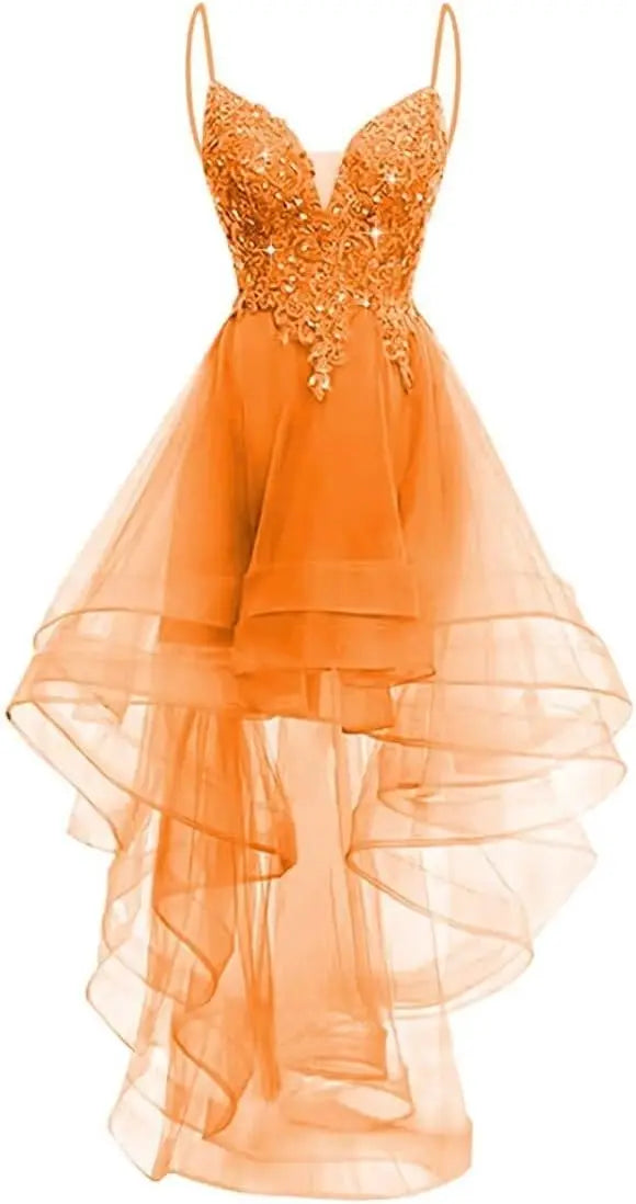 Lace Applique Homecoming Dresses 2025 High Low Spaghetti Straps Tulle Short Prom Dress for Teens Glitter Quinceanera Dress Gowns
