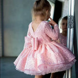 Vestido de princesa con cuello en V para niña, para fiesta de cumpleaños, primera comunión, precioso vestido de niña de las flores para boda, lazo, lentejuelas, volantes 