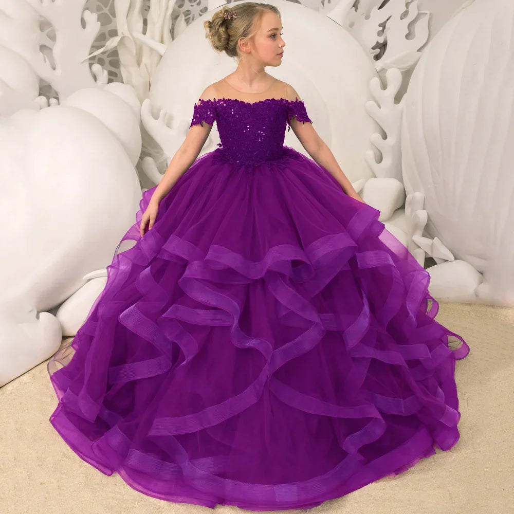 Grape Purple Floral Appliques Tiered With Trailing For Wedding Birthday Party Banquet Gown Customized Flower Girl Dresses