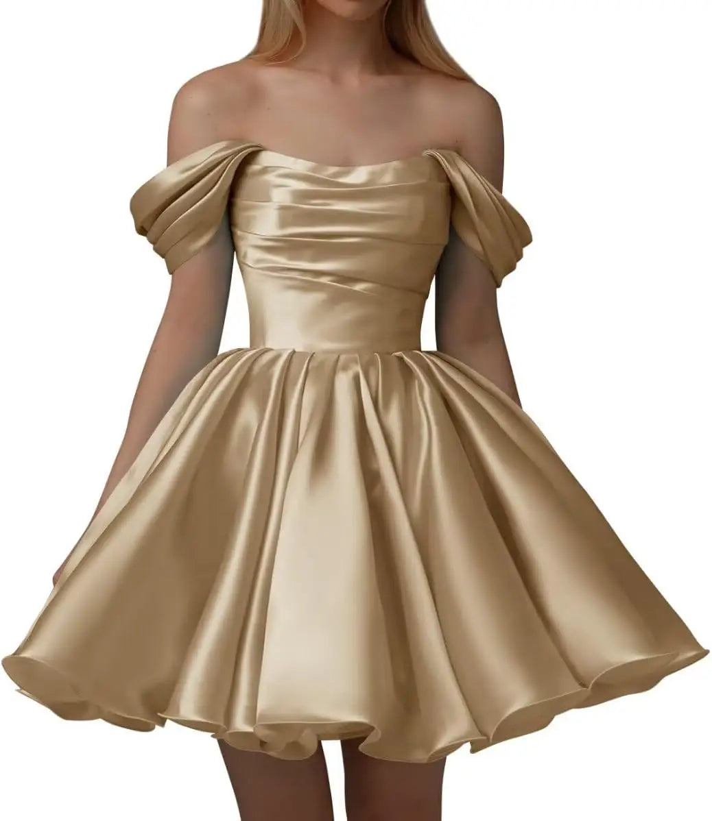 Vestidos de fiesta de satén con hombros descubiertos para mujer, corte A, cortos, plisados, sin tirantes, para boda y fiesta. 