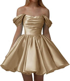 Vestidos de fiesta de satén con hombros descubiertos para mujer, corte A, cortos, plisados, sin tirantes, para boda y fiesta. 