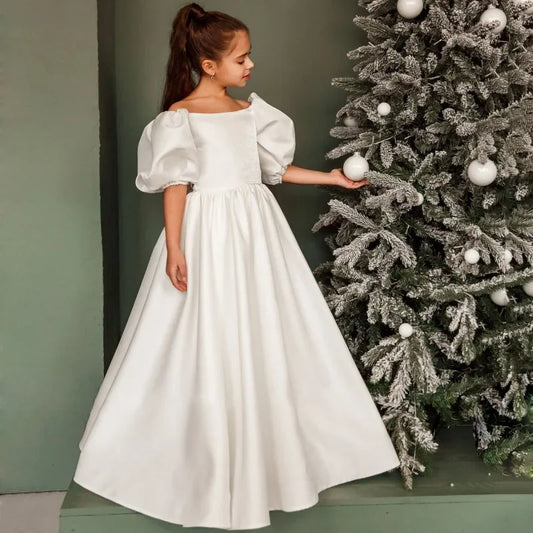 Satén marfil liso con lazo, manga corta, para boda, fiesta de cumpleaños, graduación, comunión, vestidos personalizados para niña de las flores. 