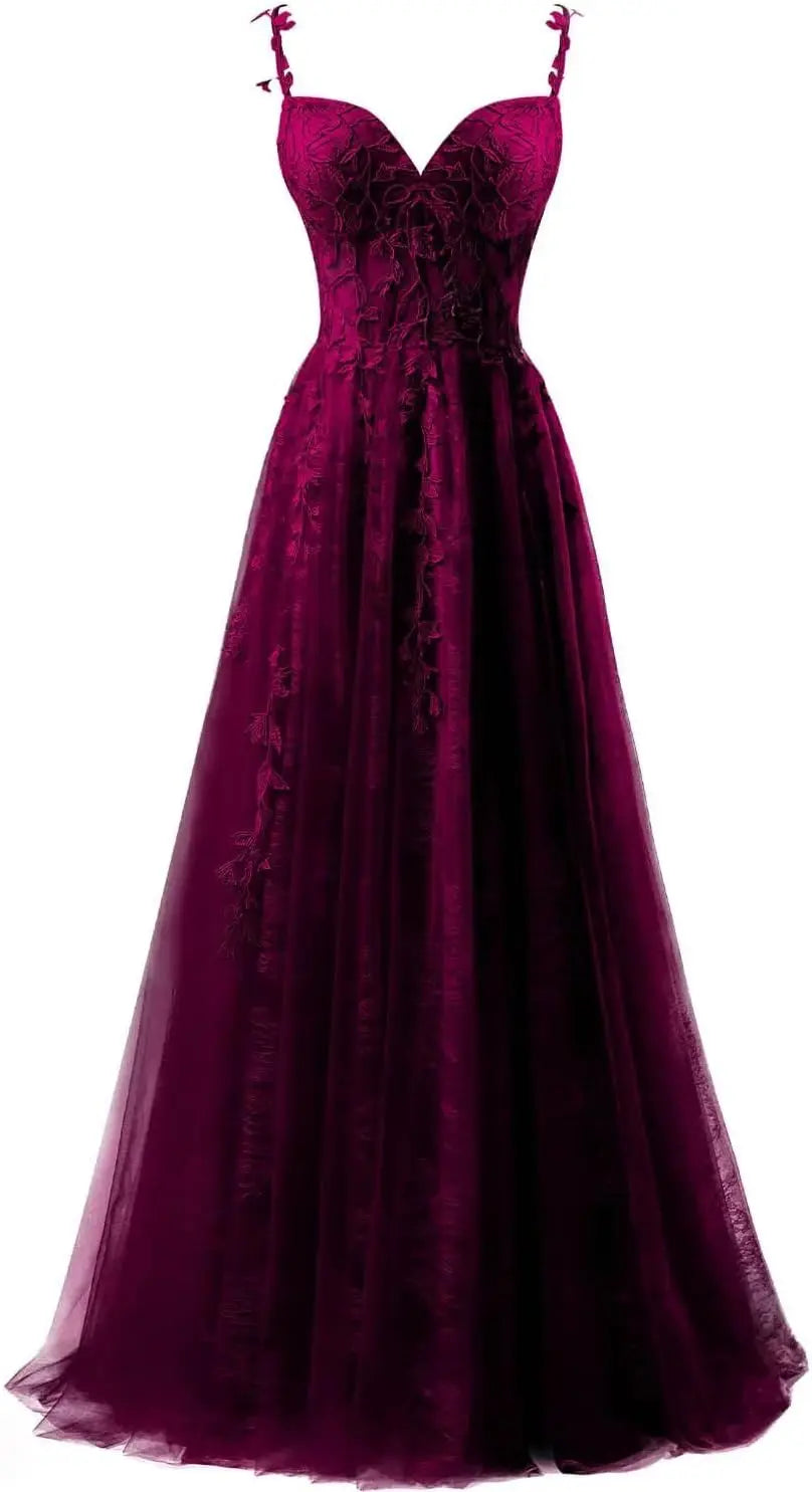 Lace Applique Tulle Prom Dresses for Women 2025 Spaghetti Straps Ball Gown Formal Evening Party Gown with Slit Wedding Party