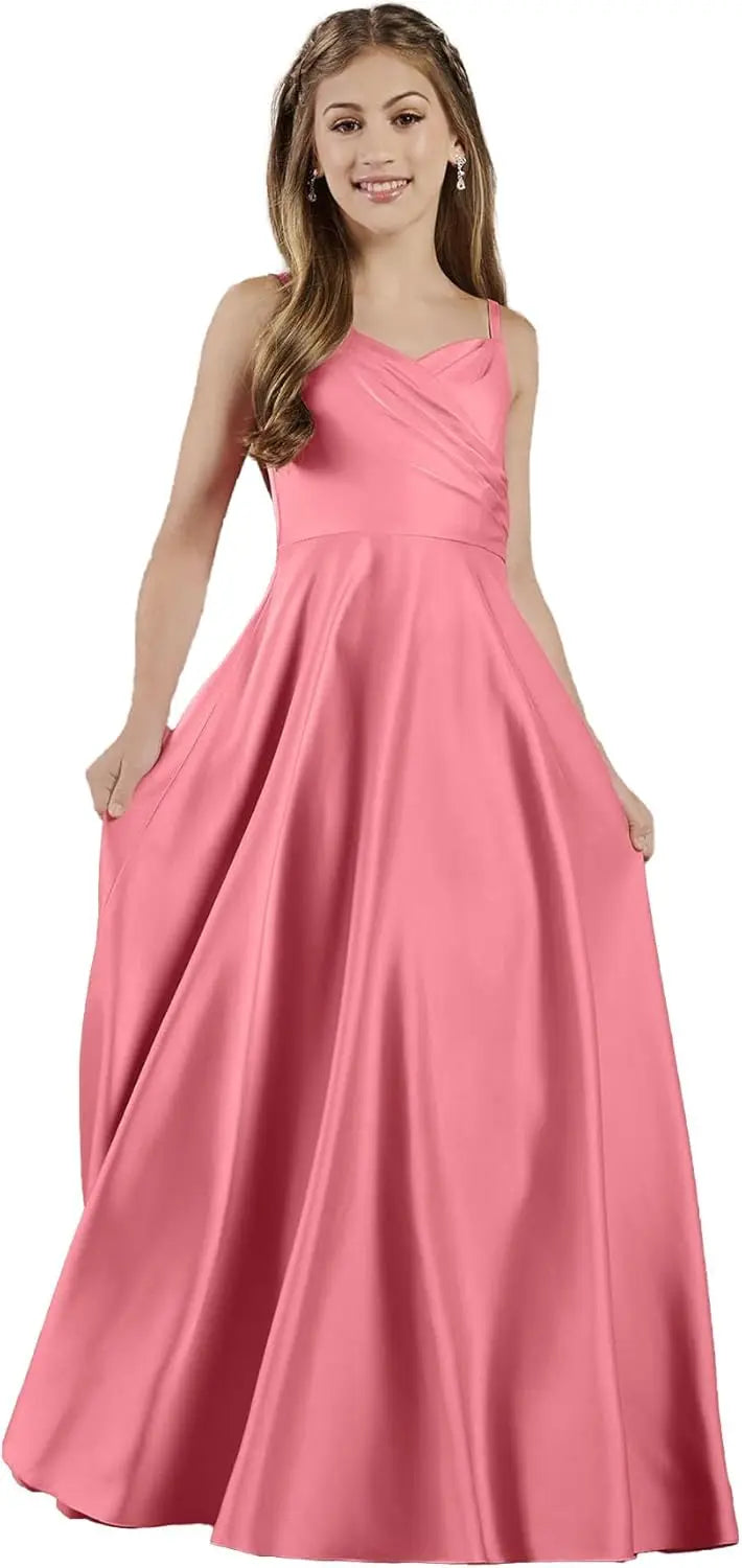 Mädchen Träger Junior Brautjungfer Kleid für Hochzeit Satin Festzug Blumenmädchen Kleider Festzug für Teenager Prinzessin Kleid 