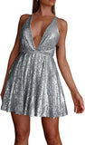 Vestido de lentejuelas para mujer, con tirantes finos, sexy, escote en V profundo, sin espalda, con purpurina, para fiesta, club, estilo patinador, minivestido de cóctel 