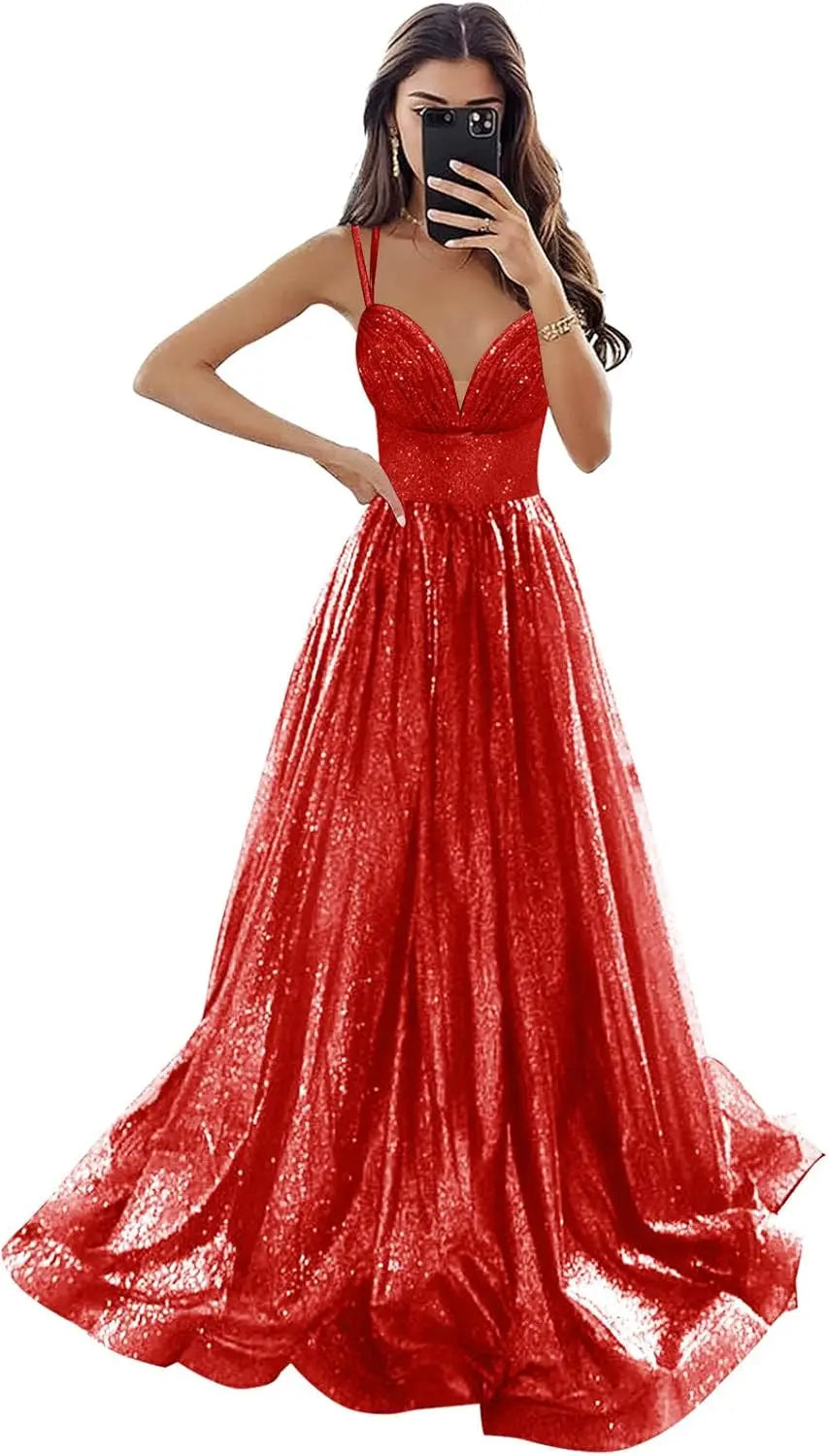 Vestido de fiesta de tul brillante con bolsillos, tirantes finos, corsé fruncido, largo, formal, para noche, vestidos de fiesta para mujer, noche 