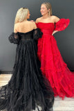 A-Line Strapless Ruffles Long Formal Dress with Puff Sleeves