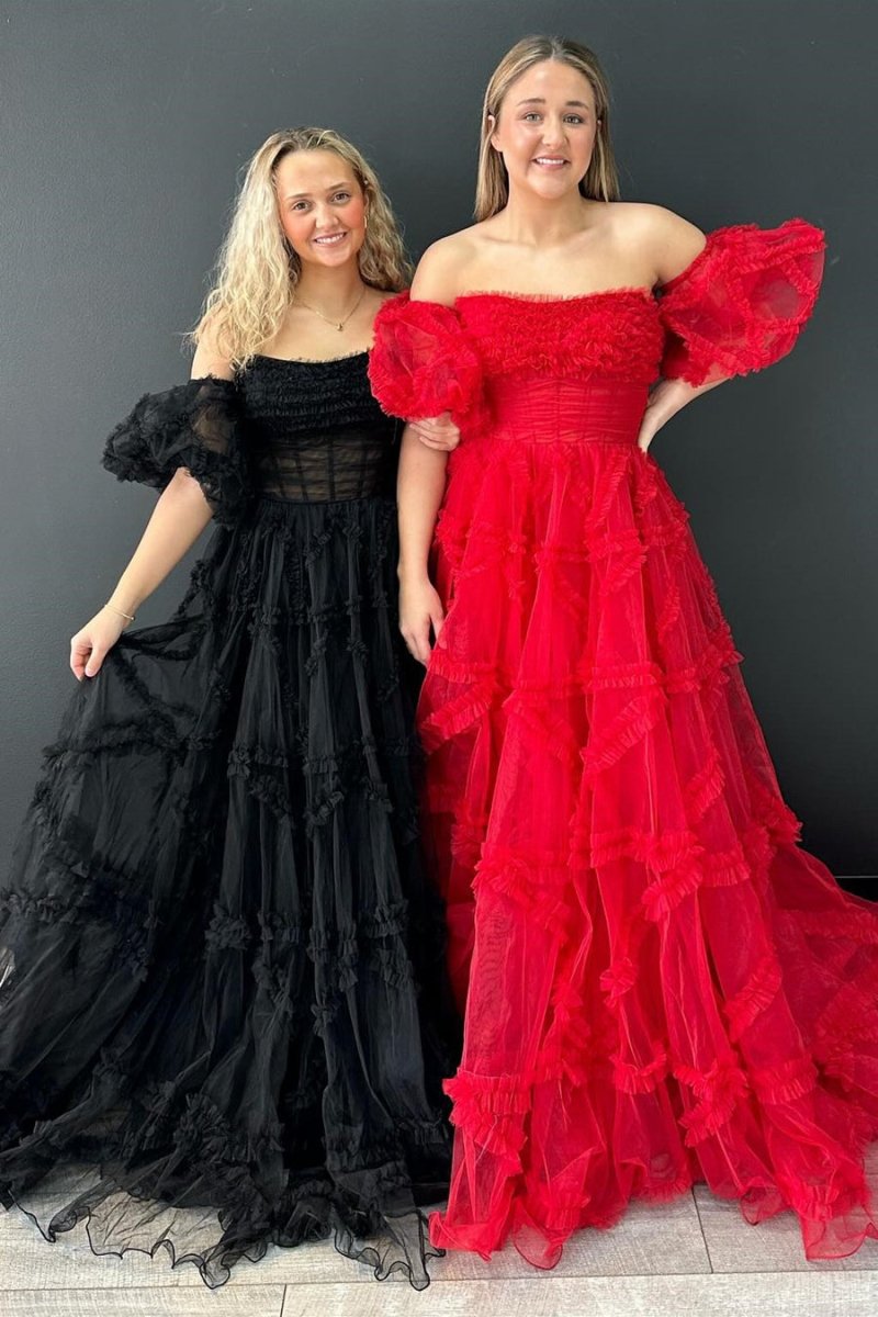 A-Line Strapless Ruffles Long Formal Dress with Puff Sleeves