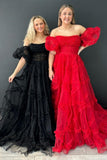 A-Line Strapless Ruffles Long Formal Dress with Puff Sleeves