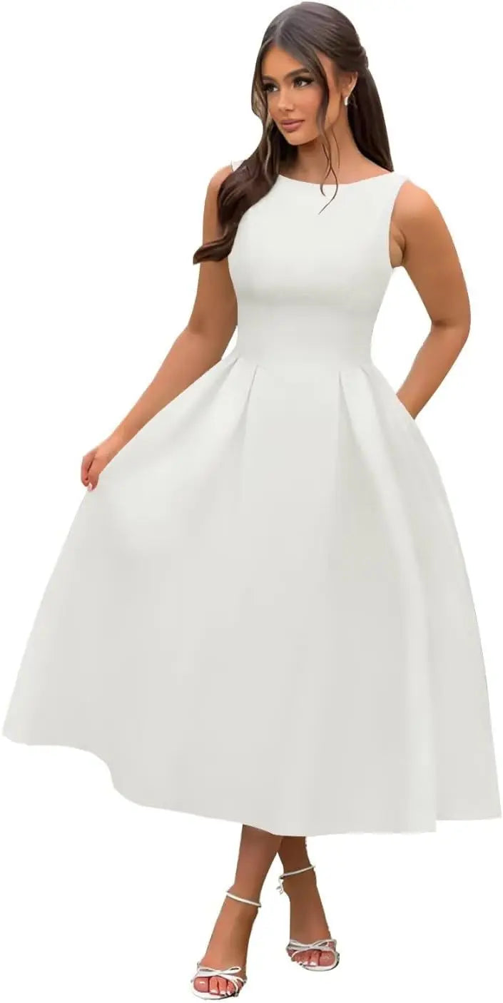 Vestidos de fiesta de satén con cuello barco y midi, largos hasta la rodilla, espalda escotada, corte en A, vestidos formales de noche para fiesta, vestido de cóctel y fiesta 