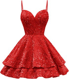 Tiered Sequin Homecoming Dresses Short for Teens 2025 Spaghetti Straps A-Line Prom Dress mini dress  party dresses