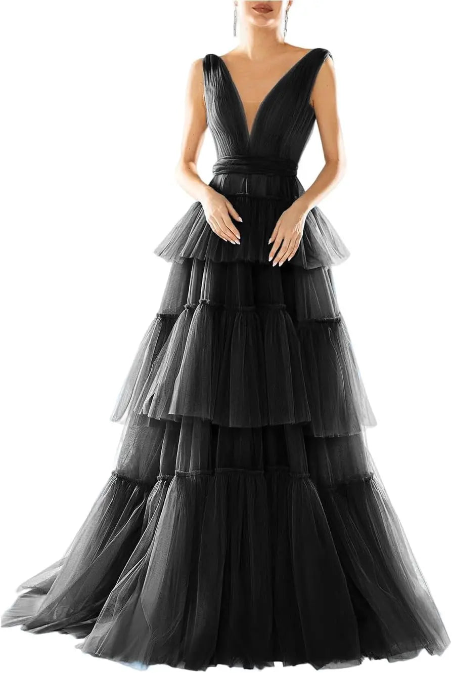 Vestidos de fiesta largos con escote en V doble para mujer, 2025, de tul escalonado, corte A, plisados, formales, para fiesta de noche. 