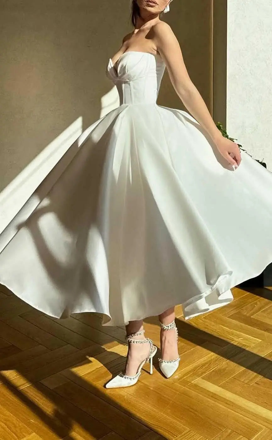 Strapless Prom Dresses 2025 Sweetheart Satin Tea Length Puffy Party Dresses for Women simple wedding dress short wedding dress