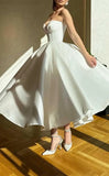 Strapless Prom Dresses 2025 Sweetheart Satin Tea Length Puffy Party Dresses for Women simple wedding dress short wedding dress