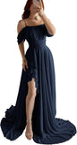 Elegantes schulterfreies Chiffon-Ballkleid für Brautjungfern mit Schlitz, lang, A-Linie, plissierte Rüschen, formelles Abendkleid für Damen 