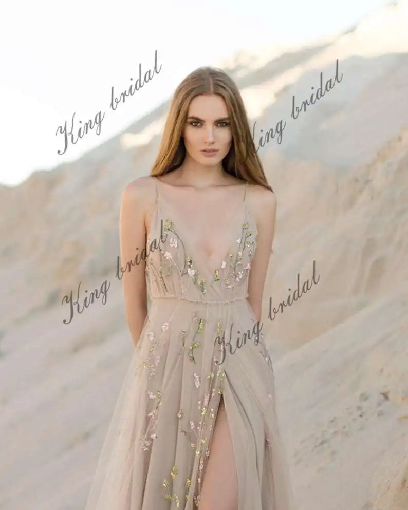 Slit bridal gown Tulle Open back party wedding dress hand embroidered sleeveless A-line bridal gown evening prom dresses