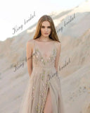 Slit bridal gown Tulle Open back party wedding dress hand embroidered sleeveless A-line bridal gown evening prom dresses