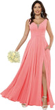 Custom Made Women's Simple Chiffon Bridesmaid Dresses with Pockets Long V Neck Formal Evening Prom Gowns Dresses with Slit