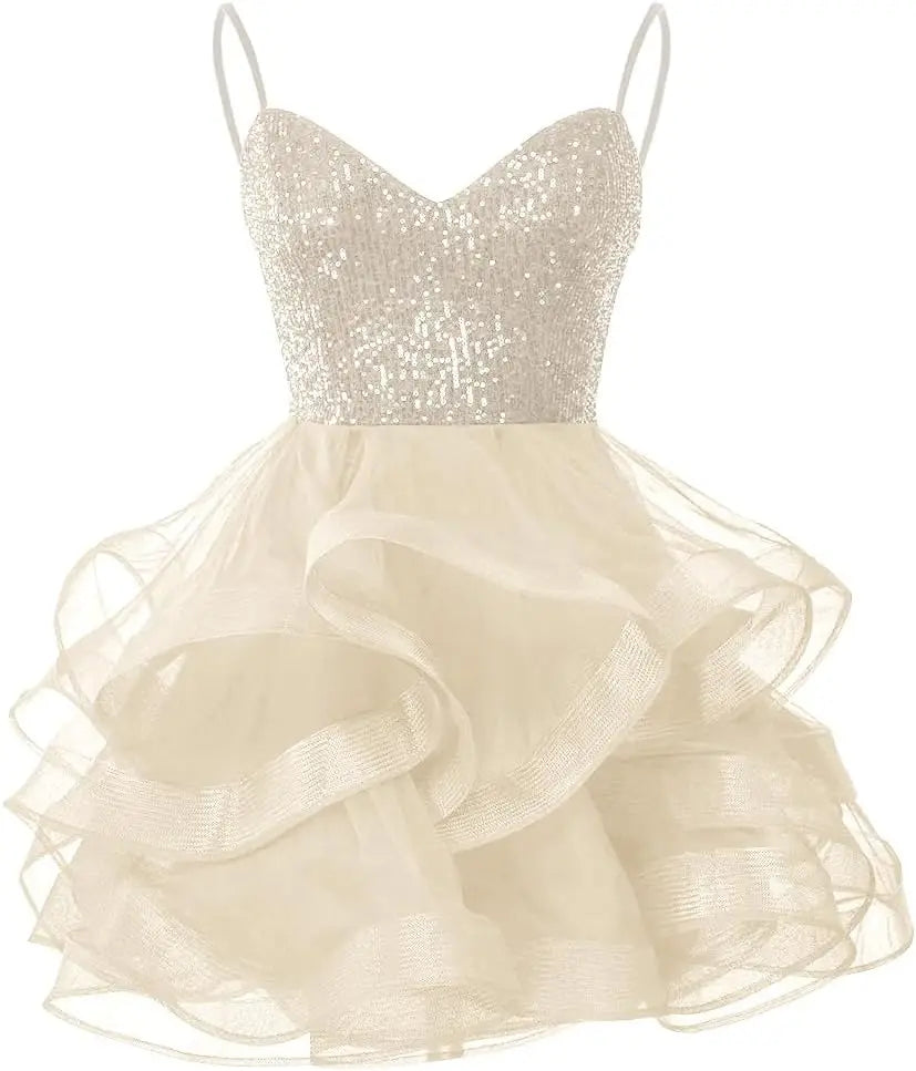 Vestidos de fiesta de tul para adolescentes, con tirantes finos y lentejuelas, vestidos de fiesta cortos, minivestidos de cóctel en capas, vestidos de dama de honor 