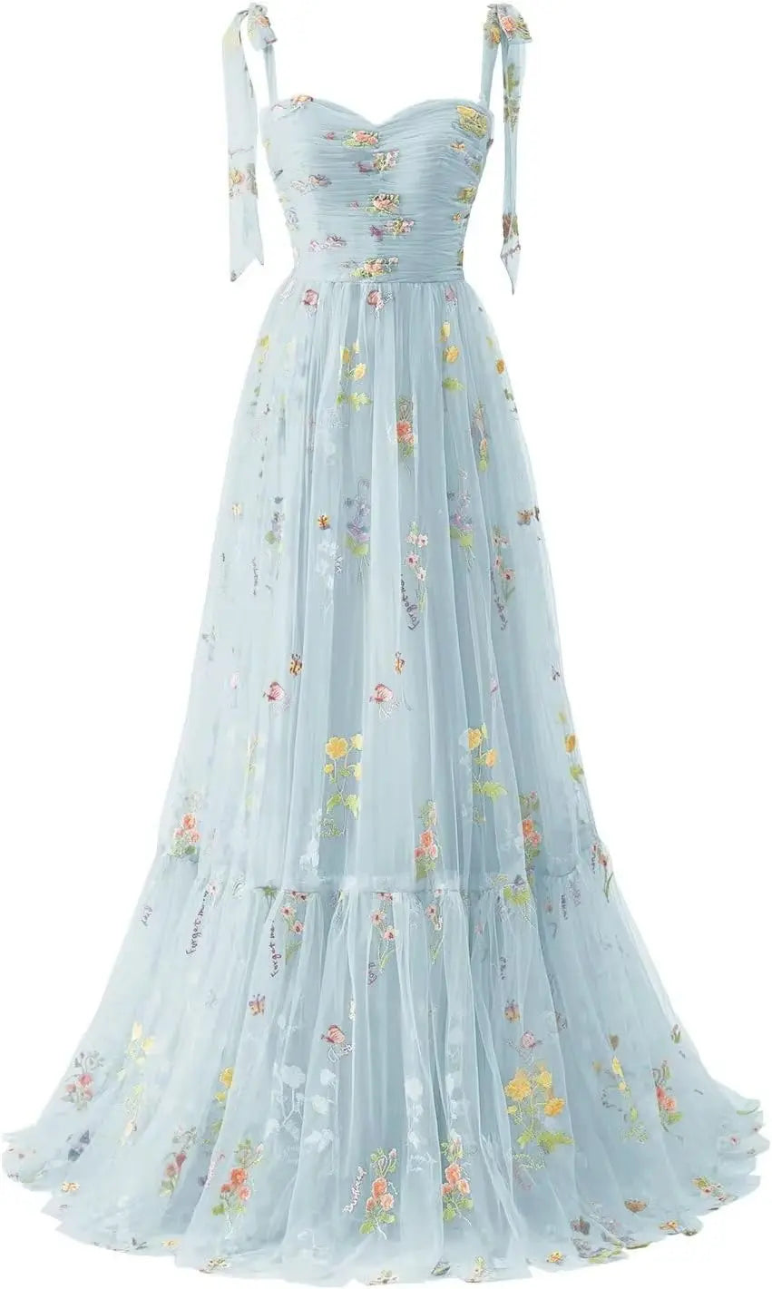 Women's Flower Embroidery Tulle Prom Dresses Corset Long Spaghetti Strap Fairy Ruched Formal Evening Party Gown Bridesmaid Dress