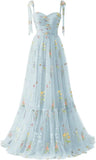 Women's Flower Embroidery Tulle Prom Dresses Corset Long Spaghetti Strap Fairy Ruched Formal Evening Party Gown Bridesmaid Dress