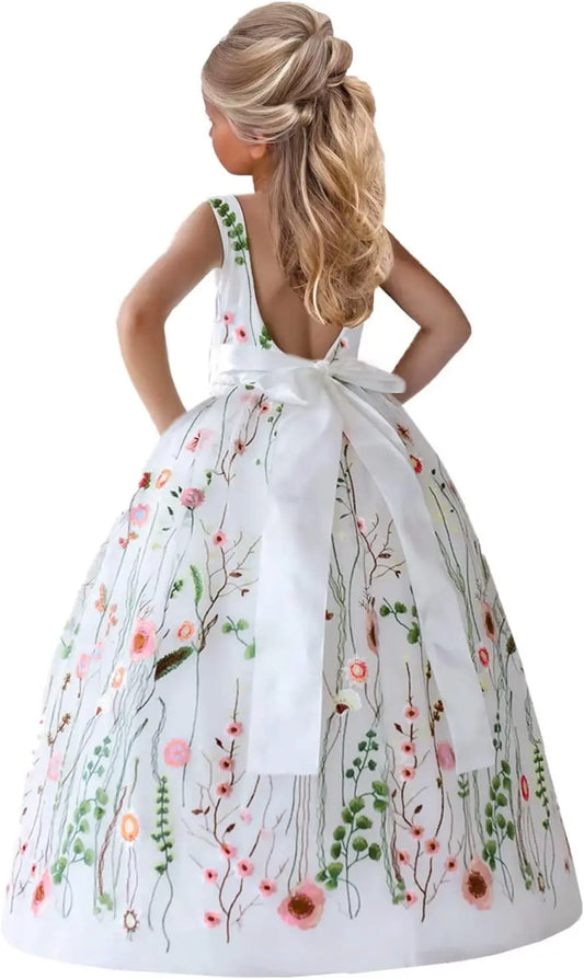 3D Flower Applique Floral Fairy Embroidered Overlay Strap Tie Tulle One Shoulder A-Line Flower Girl Dress princess dress