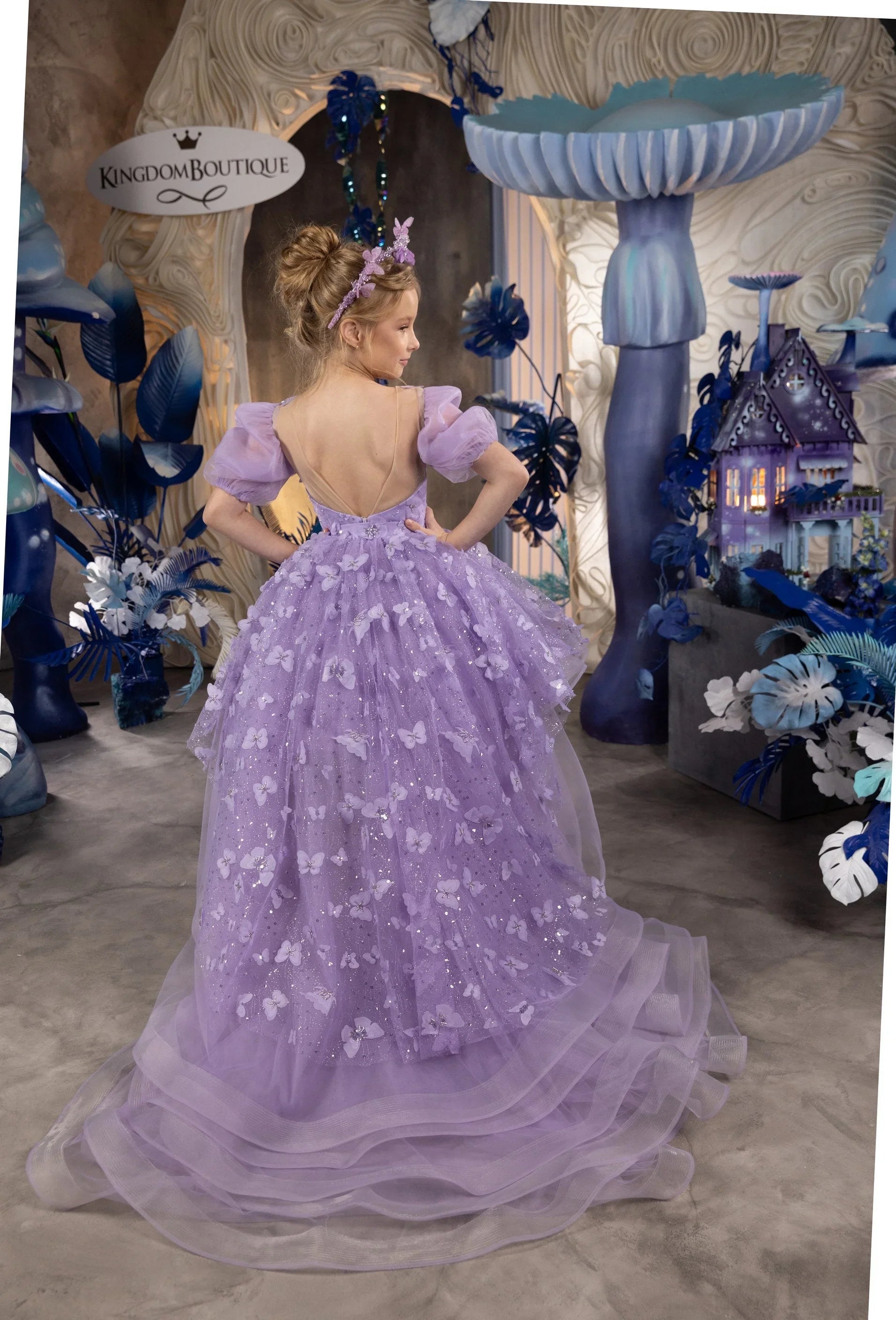 Länge Kinder Geburtstag Party Erste Heilige Kommunion Kleid Lila Blumenmädchen Kleider für Hochzeit 3D Schmetterling 