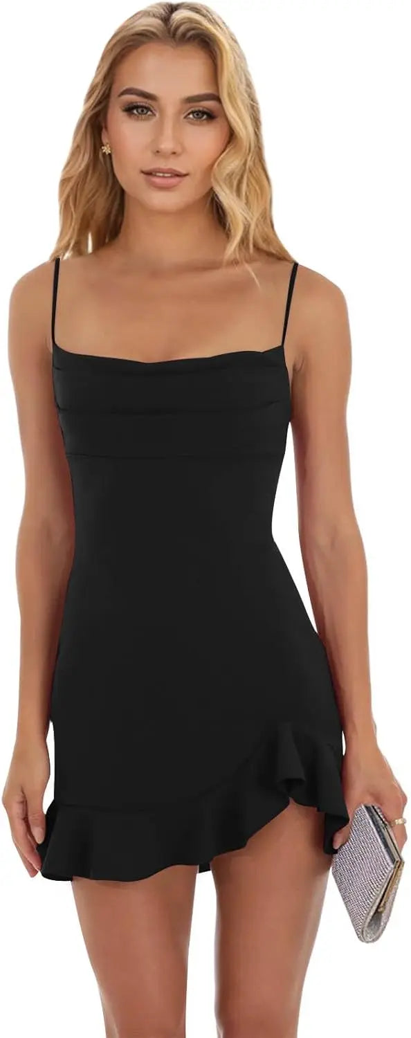 Vestidos cortos de fiesta ajustados para mujer, con tirantes finos y bajo con volantes, para cóctel y club. 