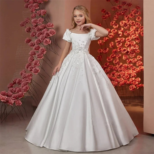 Floor Length Girl Kids Birthday Party First Holy Communion Gown 2026 Elegant Flower Girl Dresses for Wedding Satin Beaded Floral