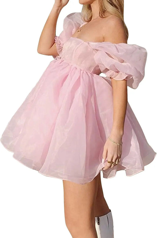 Damen Off-Shoulder Rüschen Flauschig Kurzarm Mesh Party Mini Prinzessin Kleid Kurzes Ballkleid Abschlussballkleid 