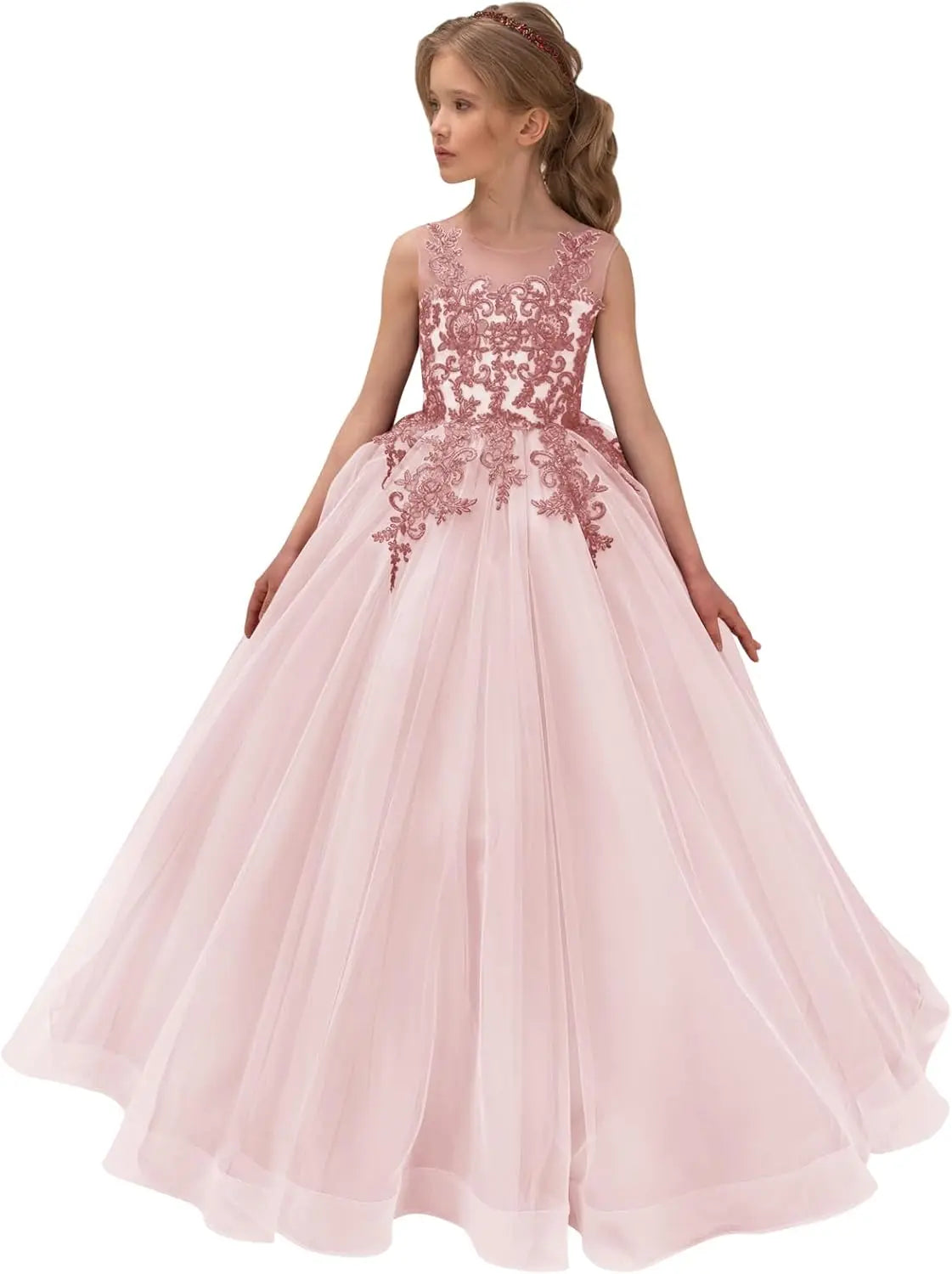Festzugskleider für Mädchen, Spitzenapplikation, Blumenmädchenkleid, Tüll, Festzugskleid für Mädchen, lang, ärmellos, Prinzessinnen-Party-Ballkleid 