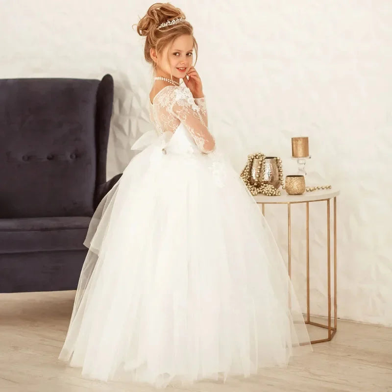 Weiße Spitze Blumenapplikationen mit Schleife Langarm für Hochzeit Geburtstagsfeier Heilige Kommunion Kleider Maßgeschneiderte Blumenmädchenkleider 