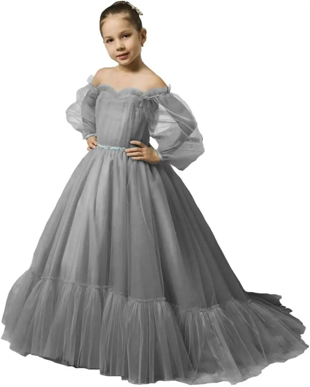 Vestidos de niña de las flores con mangas abullonadas para boda, vestidos de desfile de tul con hombros descubiertos, vestido de línea A para niña pequeña con cinturón, vestido para niña bebé 