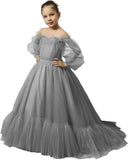 Vestidos de niña de las flores con mangas abullonadas para boda, vestidos de desfile de tul con hombros descubiertos, vestido de línea A para niña pequeña con cinturón, vestido para niña bebé 
