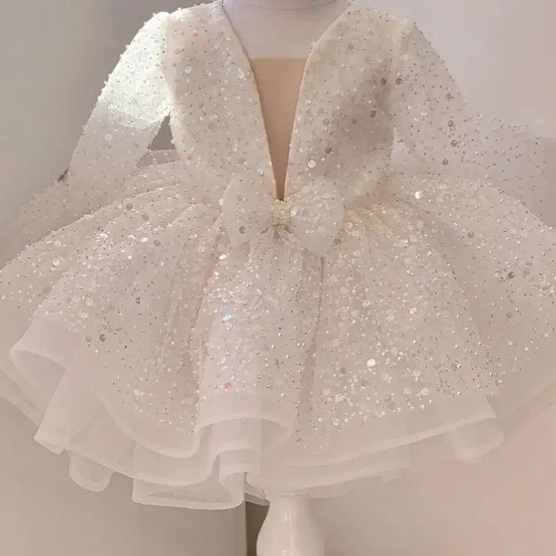 Bonitos vestidos de princesa para fiesta de bodas, personalizados, de organza brillante con lentejuelas y lazo, para niña de las flores. 