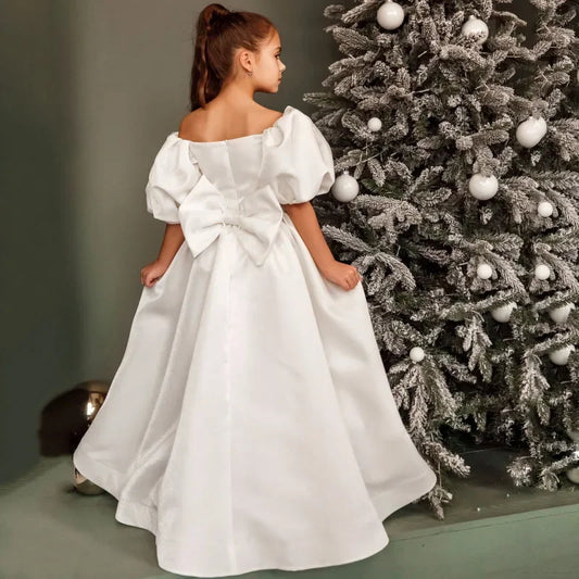 Satén marfil liso con lazo, manga corta, para boda, fiesta de cumpleaños, graduación, comunión, vestidos personalizados para niña de las flores. 