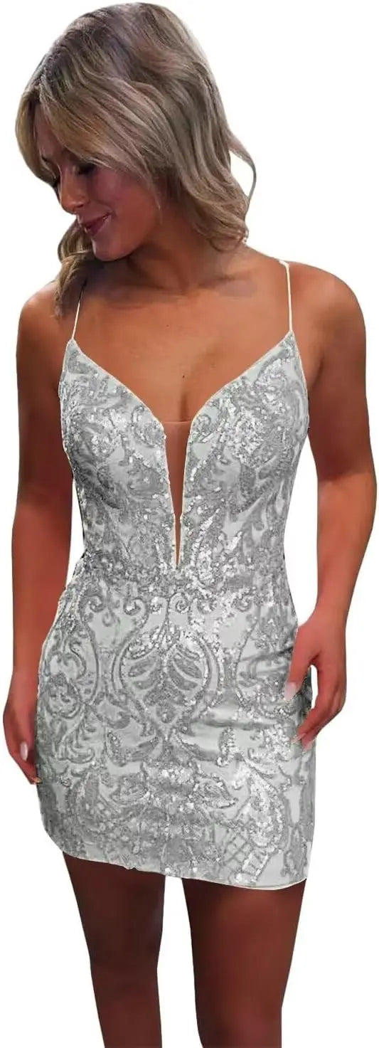 Vestidos de fiesta ajustados con lentejuelas brillantes y sexys para adolescentes, vestidos cortos de encaje con purpurina para fiesta de graduación, vestido de cóctel sin espalda para mujer, vestido de club 
