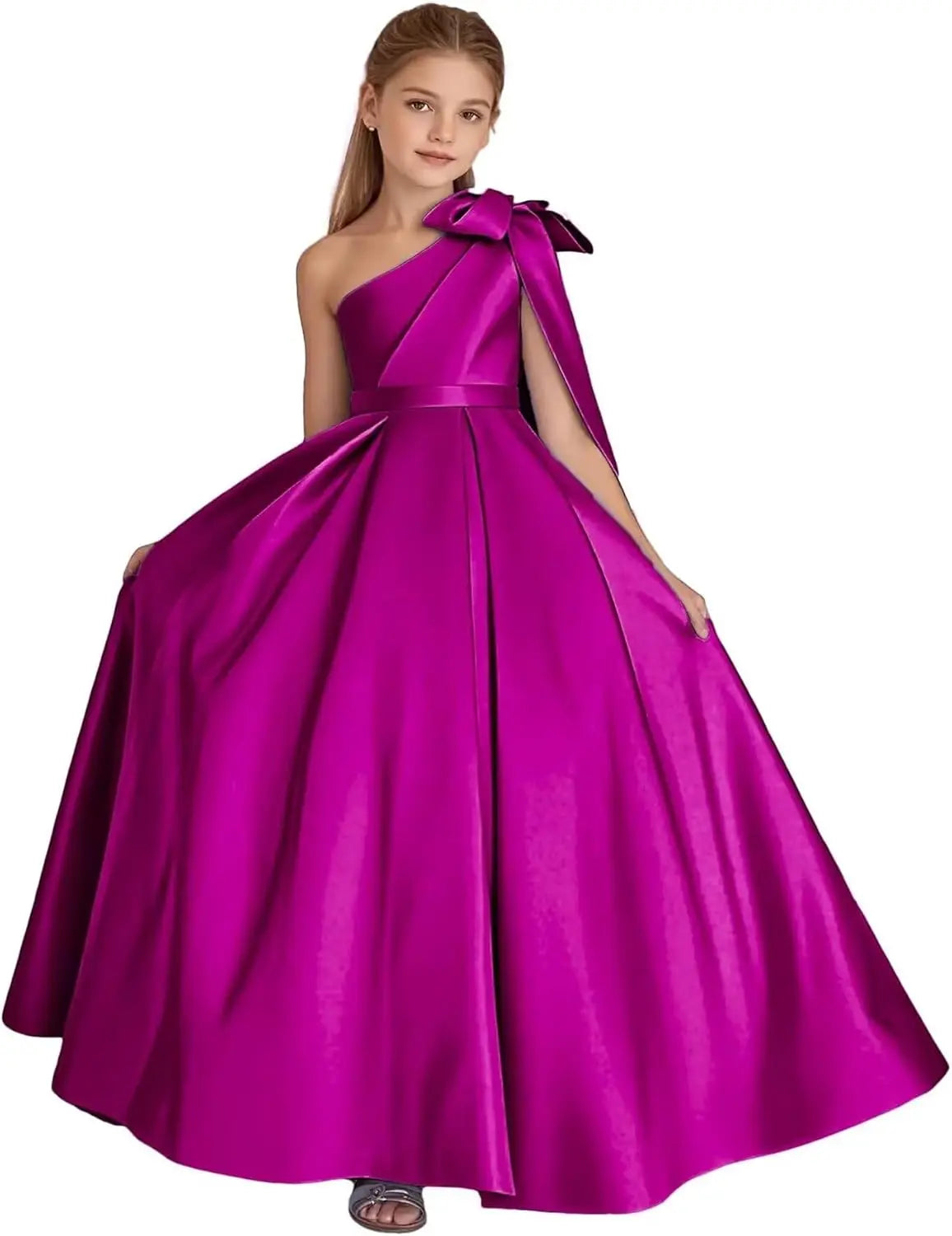 One-Shoulder-Satin-Blumenmädchenkleider, lange Festzugskleider für Mädchen, Ballkleid mit Schleife, Prinzessinnenkleid, Partykleider