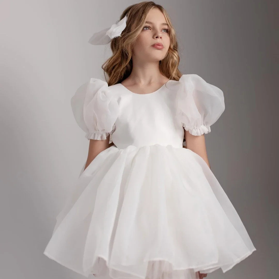 Vestidos de organza blanca de tul con lazo y manga corta para bodas, cumpleaños, bailes, banquetes, comuniones, personalizados. 