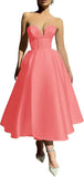 Strapless Prom Dresses 2025 Sweetheart Satin Tea Length Puffy Party Dresses for Women simple wedding dress short wedding dress