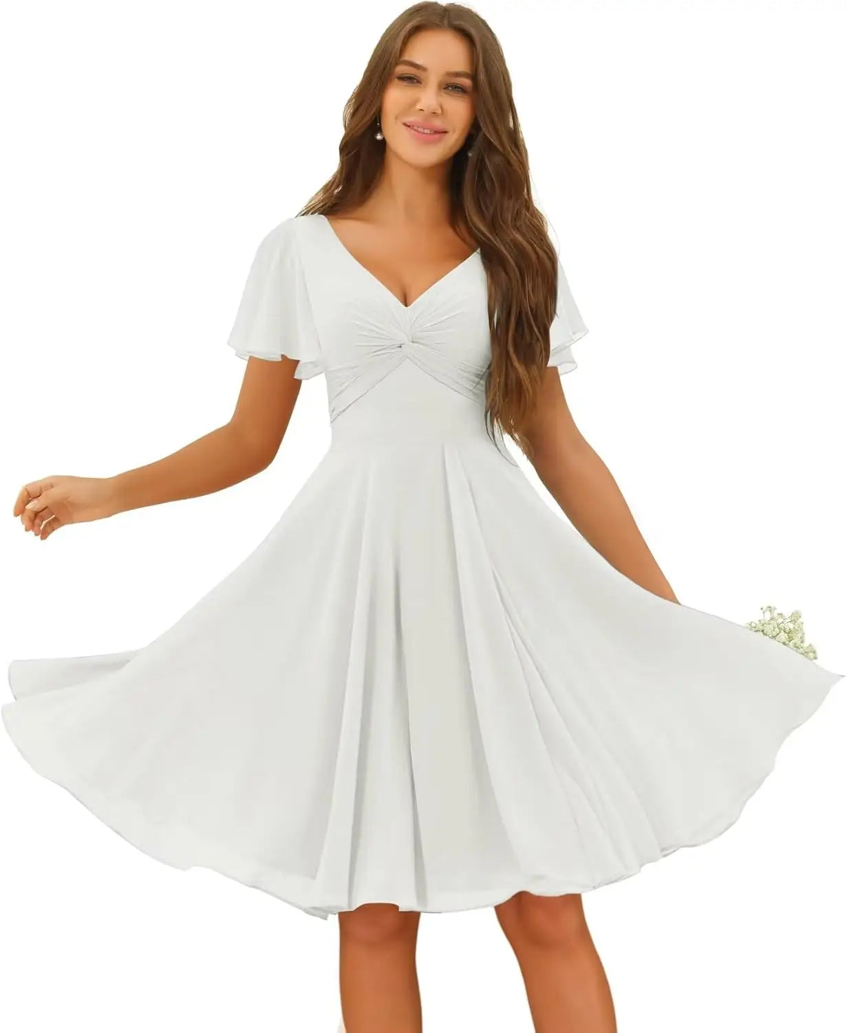 Women's Pleated Chiffon Flutter Sleeves Junior Bridesmaid Dresses with Pockets V Neck Short Formal Dress Wedding Party Gowns