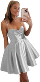 Spaghetti Straps Satin Homecoming Dresses for Women Short Halter Formal Prom Dresses with Pockets Graduation Mini Dress