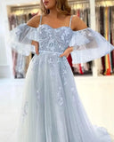 Lace Applique Tulle Prom Dresses Off Shoulder Puffy Sleeves Wedding Dress Long Women Sweetheart A Line Evening Gowns